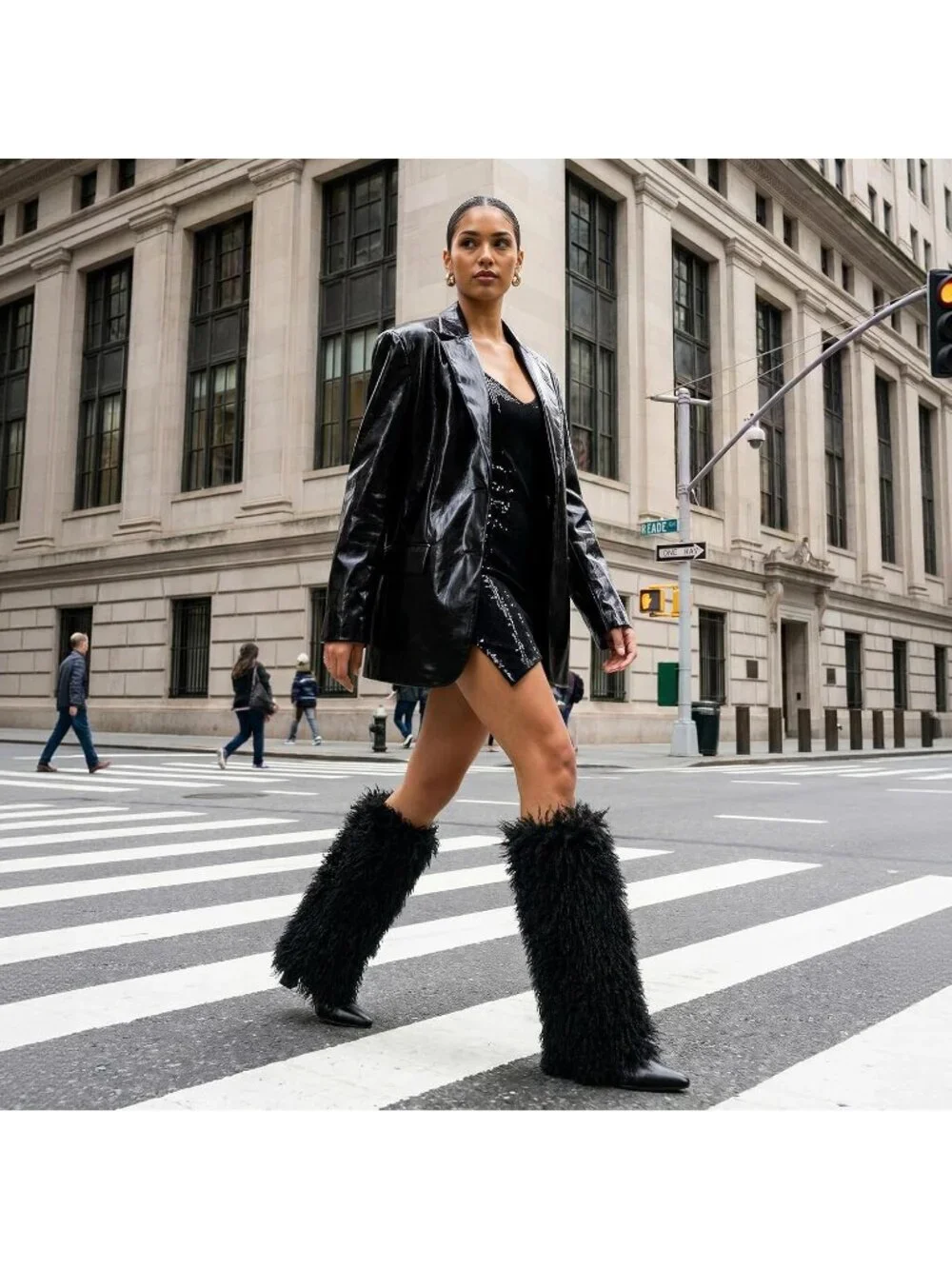 Women's Black Fur Pointed Toe Chunky Heel Faux Leather Over The Knee Boots